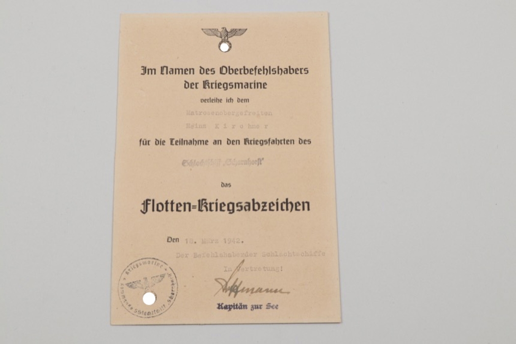 Schlachtschiff Scharnhorst certificate for High Sea Fleet Badge