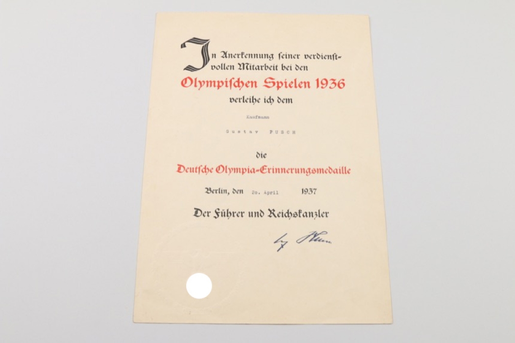 Olympic Games commemorative medal certificate