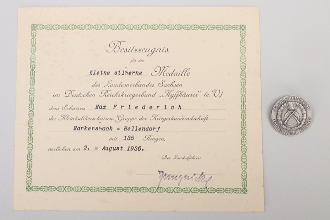 Kyffhäuserbund shooting medal in silver + certificate