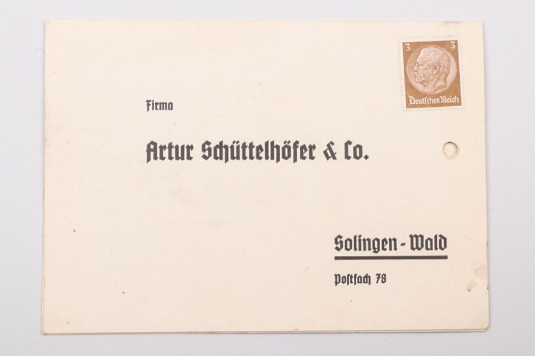 Artur Schüttelhöfer order card for SA/NSKK Service Dagger & HJ knife
