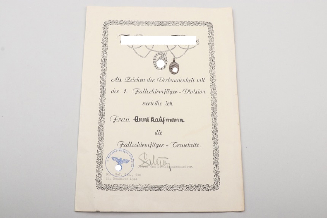 Fallschirmjäger "Treuekette" loyalty necklace for woman + certificate