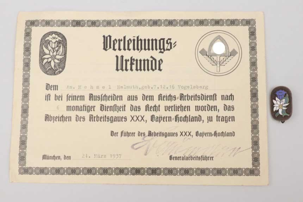 RAD Arbeitsgau XXX "Hochland" cap badge with award certificate