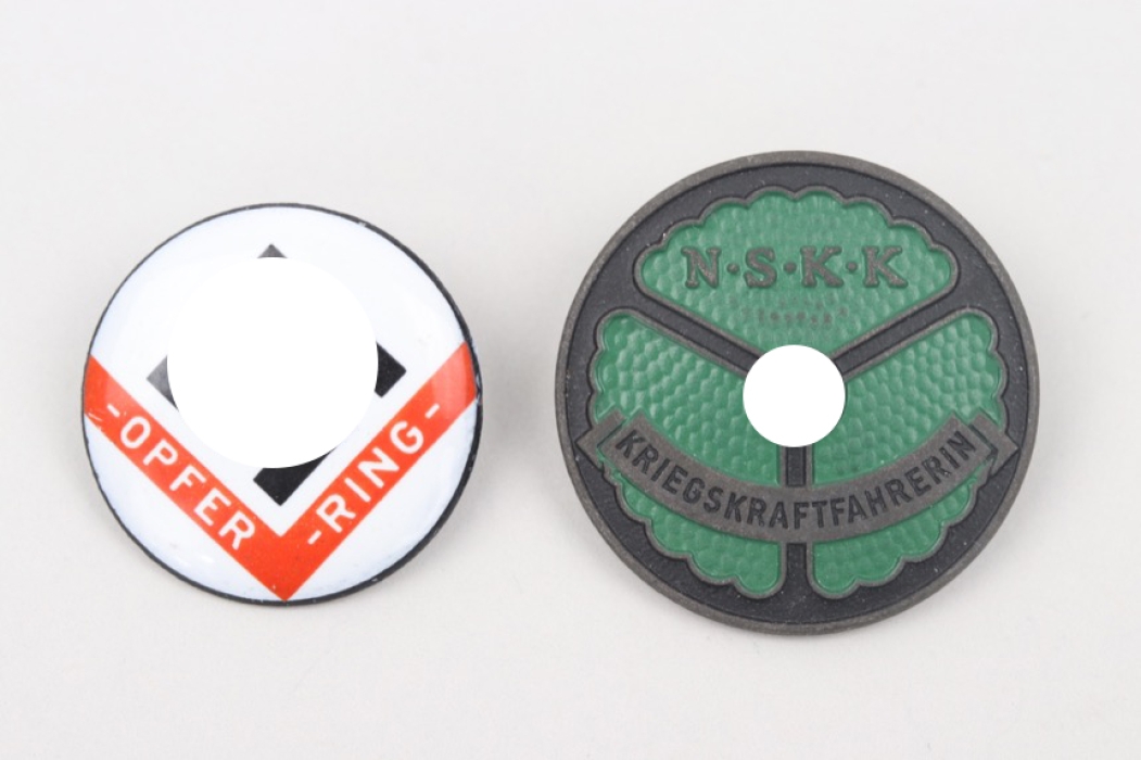 NSKK "Kriegskraftfahrerin" badge / Opferring "Freiheitsbund" NSDAP membership badge