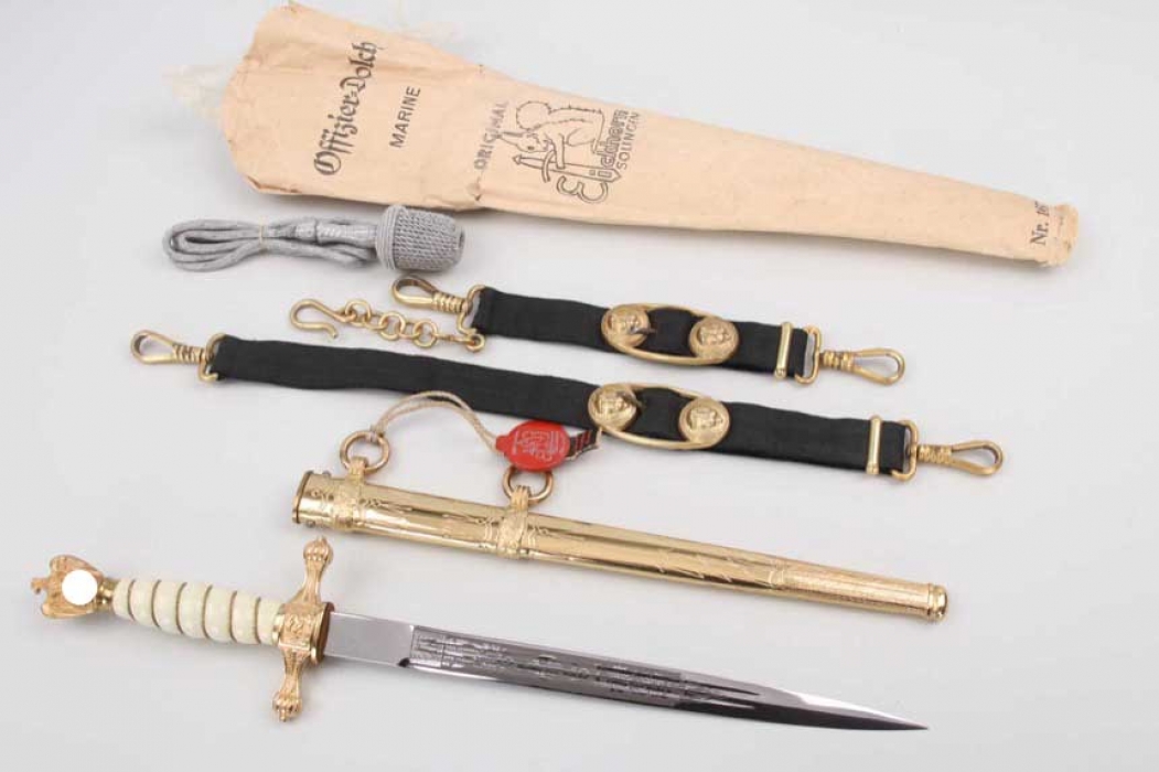 Mint Kriegsmarine officer's dagger with hangers, portepee, maker's tag & paper bag - Eickhorn