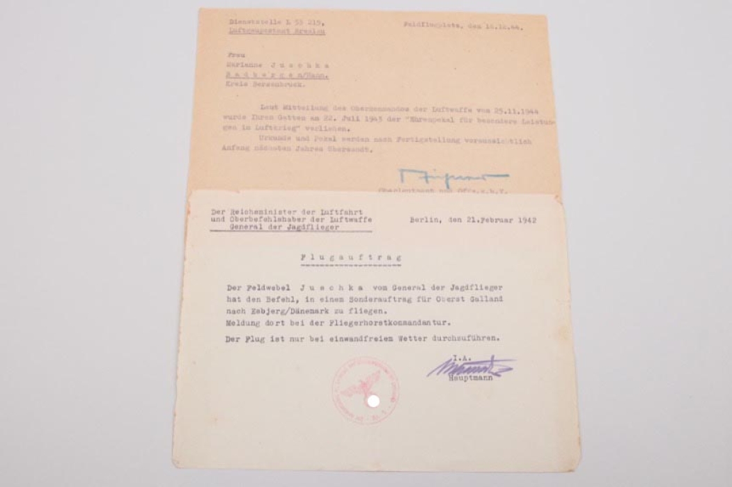 Two documents to Feldwebel Juschka - Luftwaffe Honor Goblet winner