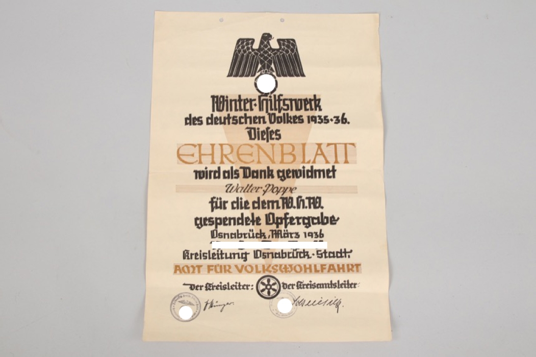 1936 Winterhilfswerk donation certificate