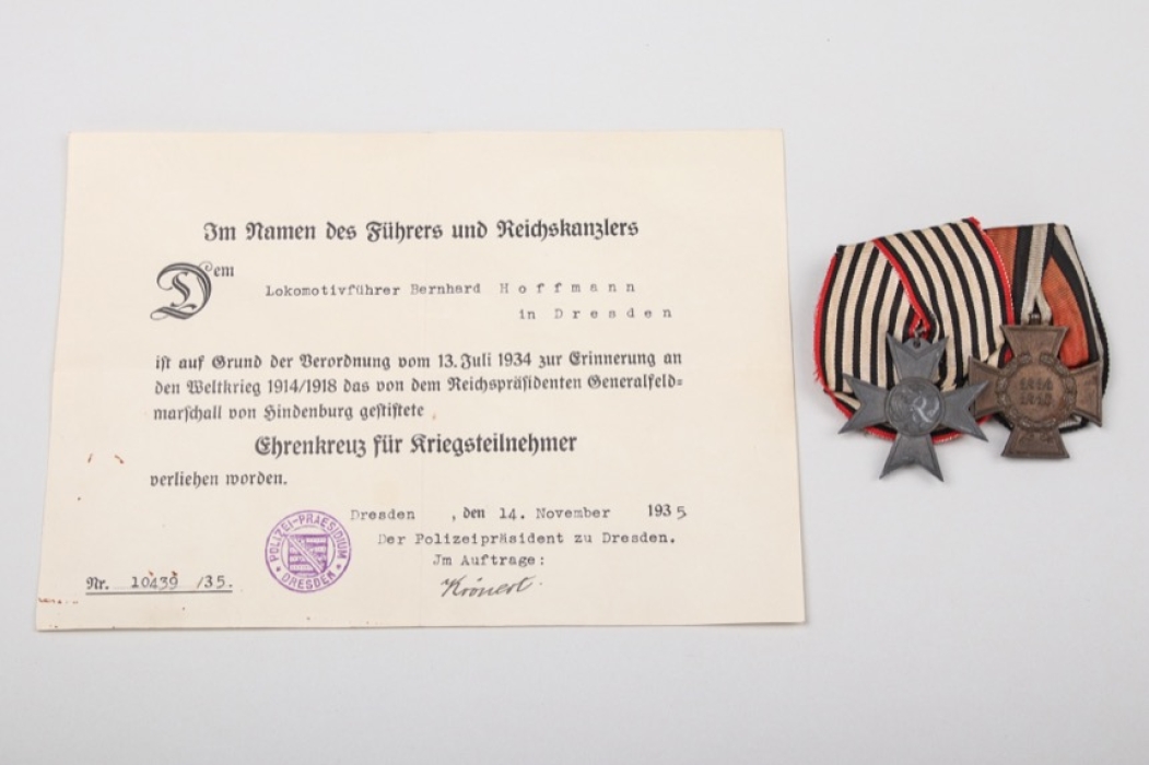 Prussian - 2-place medal bar with certificate