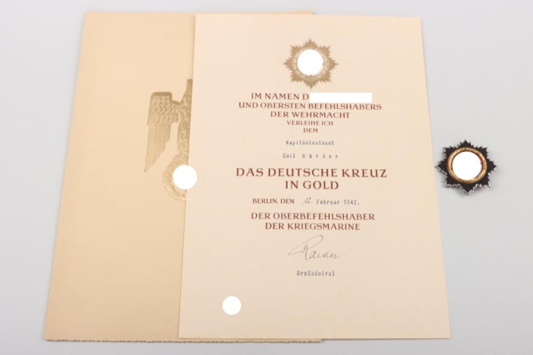 Härder, Emil (Kp.Lt,) - German Cross in Gold "1" & certificate