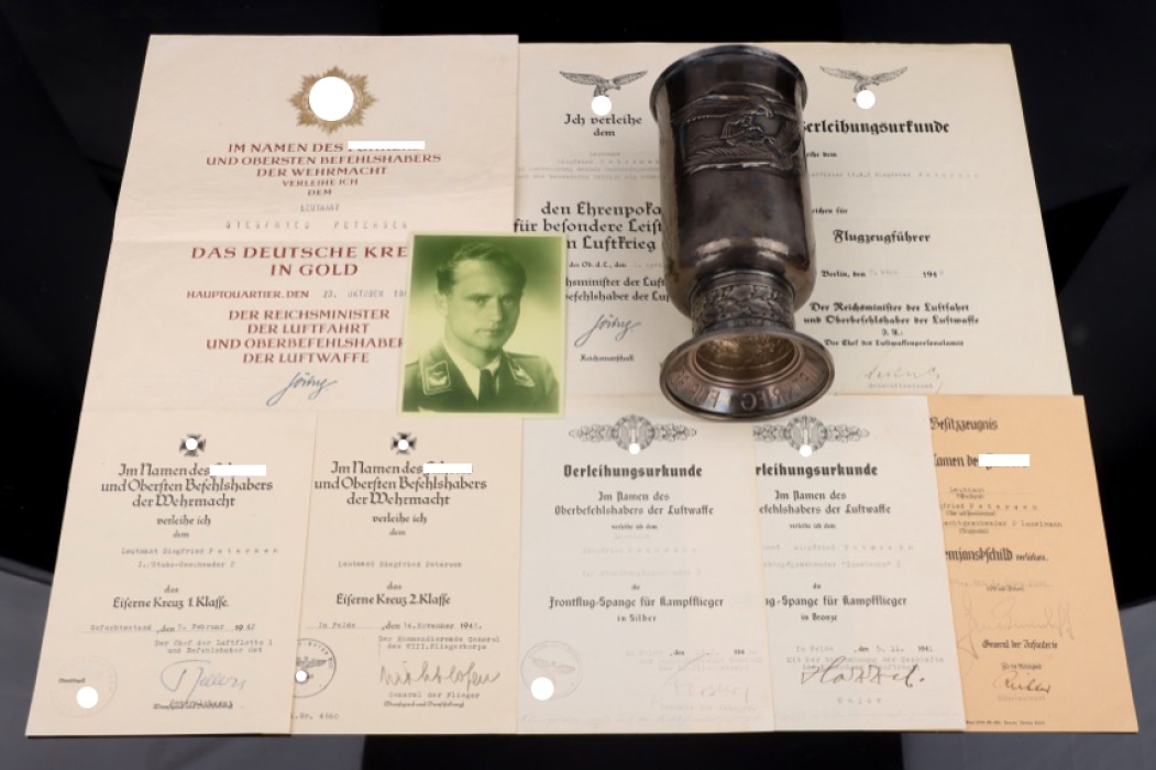 Lt. Petersen - Luftwaffe Honor Goblet with certificates (Stuka-Geschwader 2)