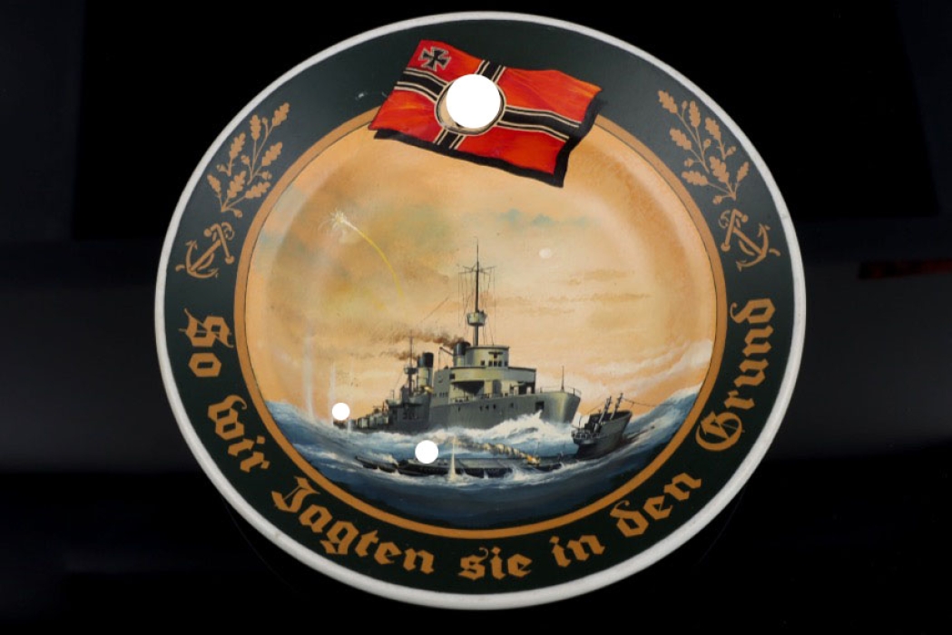 Kriegsmarine hand-painted porcelain plate (destroyer rams submarine)