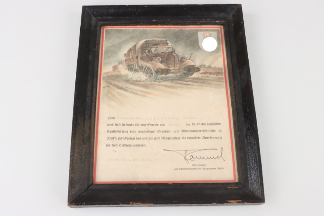 Heer Afrikakorps "70000 km" certificate in frame
