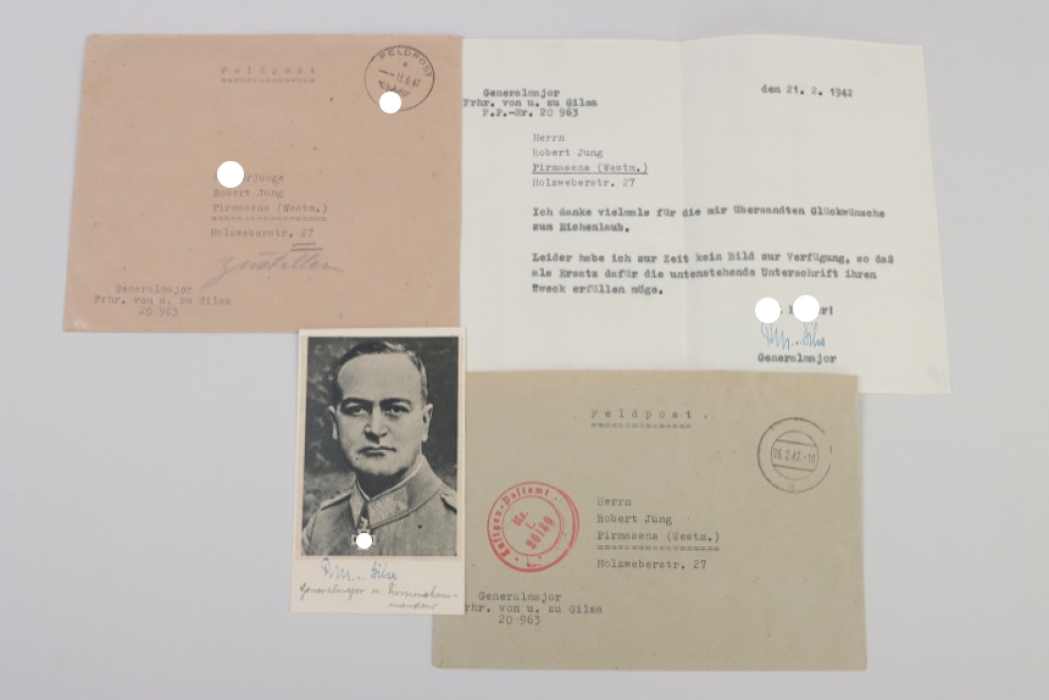 von Gilsa, Werner - Oak Leaves winner signed portrait photo with letter and envelopes