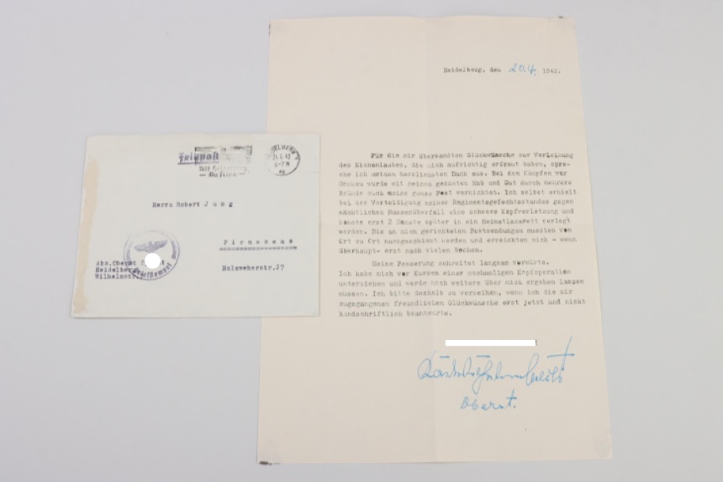 Specht, Karl Wilhelm - Oak Leaves winner signed letter with envelope