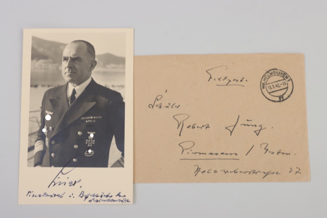 Ciliax, Otto - Kriegsmarine Knight's Cross winner signed portrait photo + envelope