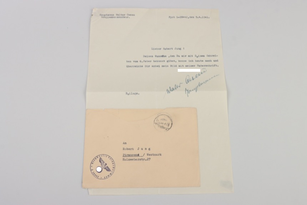 Oesau, Walter (Jagdflieger) – Swords winner signed letter with envelope