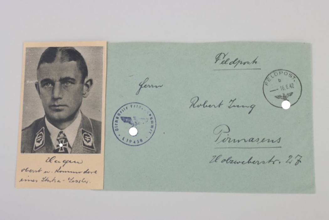 Hagen, Walter (Stuka) - Oak Leaves winner signed photo with envelope