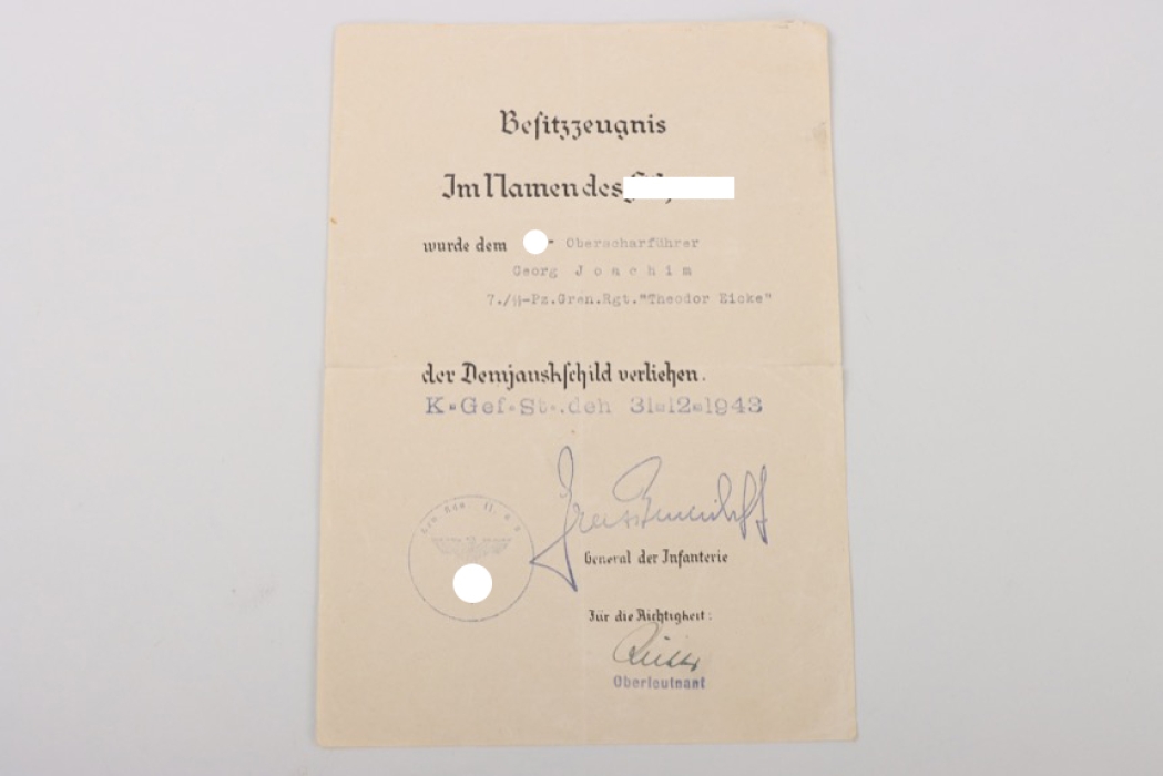 Joachim, Georg (SS) - certificate to Demjansk Shield