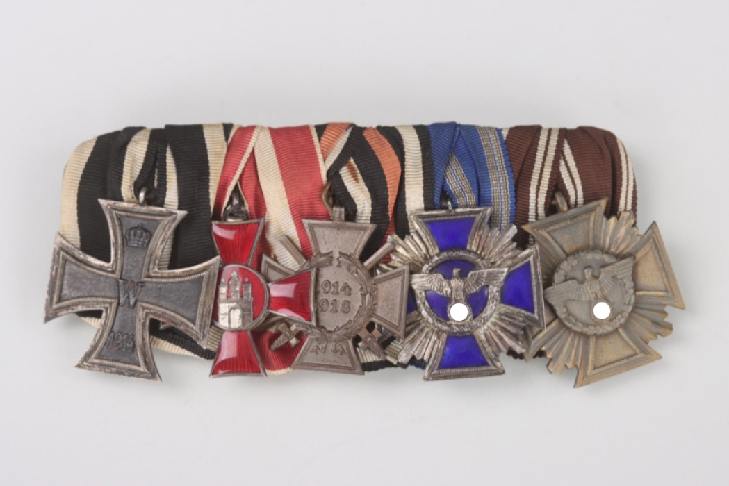 5-place ribbon bar with NSDAP Long Service Award in Silver & Bronze