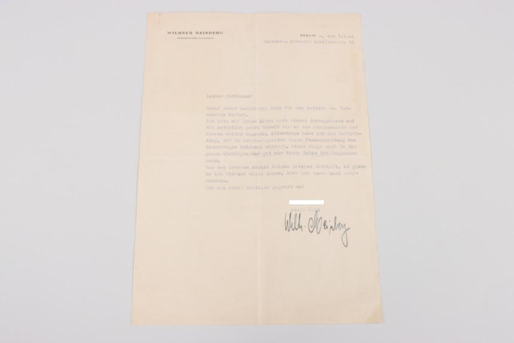 Meinberg, Wilhelm (SS) - hand-signed letter