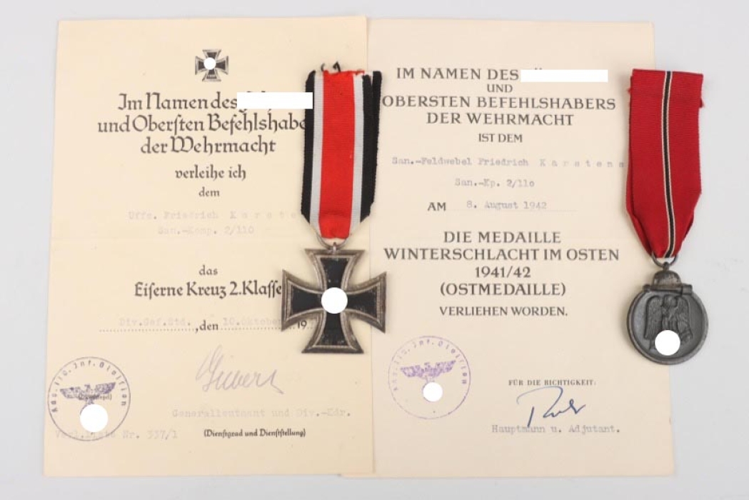 San.-Komp.2/110 - 1939 iron cross 2nd class & East medal Certificate & medal grouping