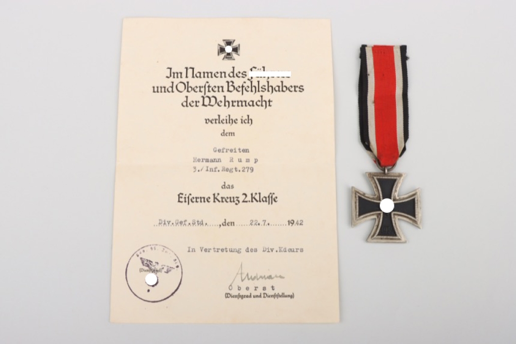 3./Inf.Rgt.279 - 1939 Iron Cross 2nd Class + certificate