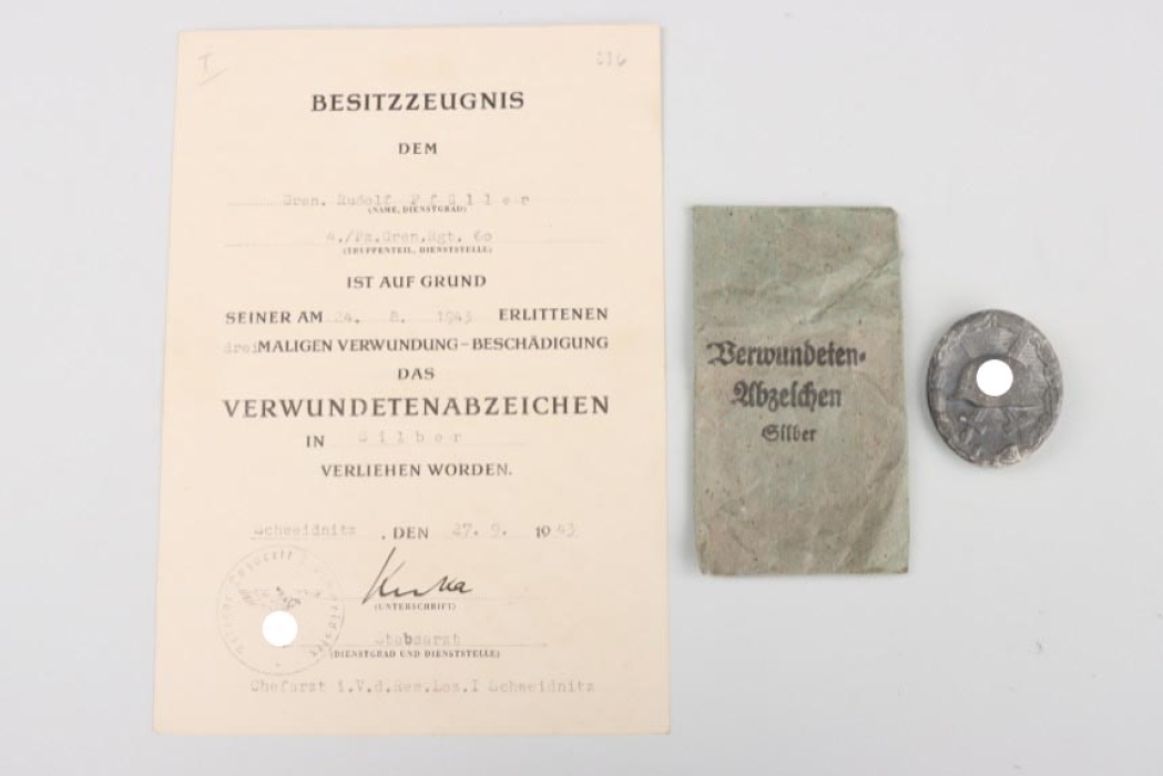 4./Pz.Gren.Rgt.60 - Wound Badge in Silver + Certificate