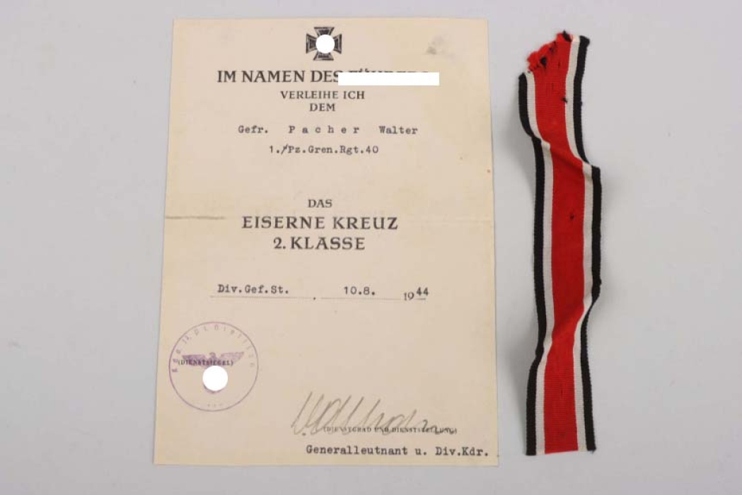 1./Pz.Gren.Rgt.40 - 1939 Iron Cross 2nd Class certificate