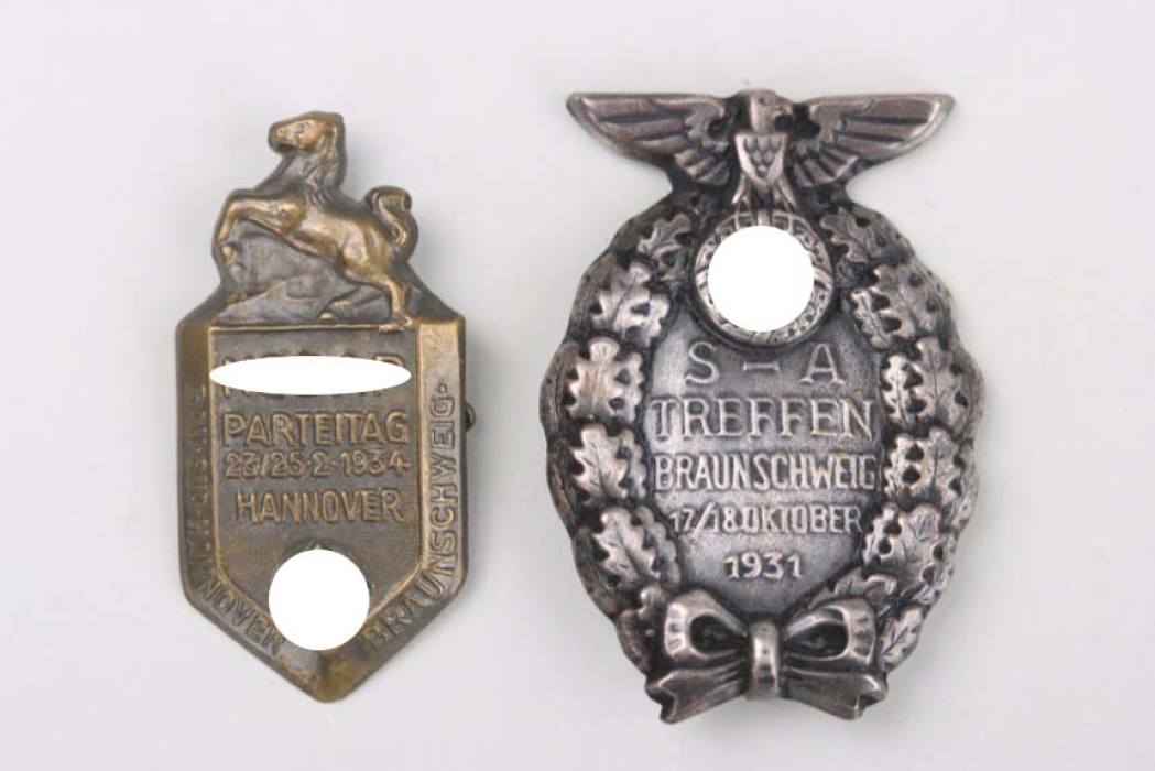 1931 SA Braunschweig Meeting Badge + NSDAP Parteitag Hannover 1934 tinnie