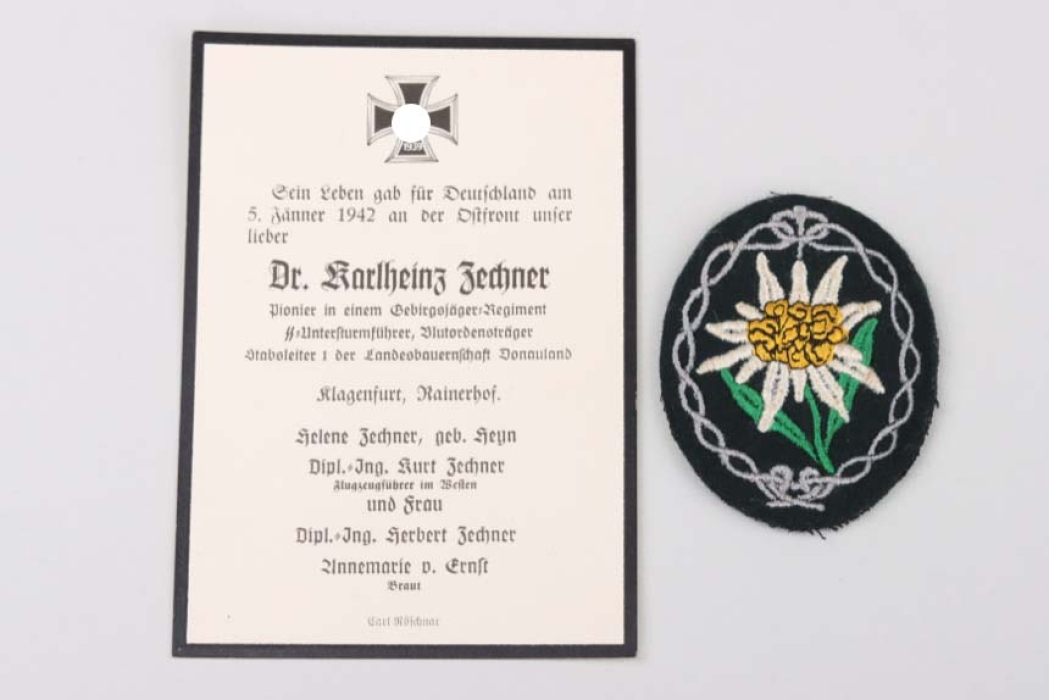 Zechner, Karlheinz Dr. - SS-Gebirgsjäger Death card Blood Order recipient +  Heer Gebirgsjäger Edelweiss sleeve badge