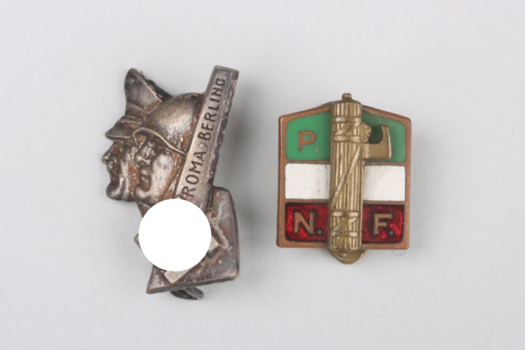 P.N.F. enamel membership badge + "ROMA BERLINO" tinnie