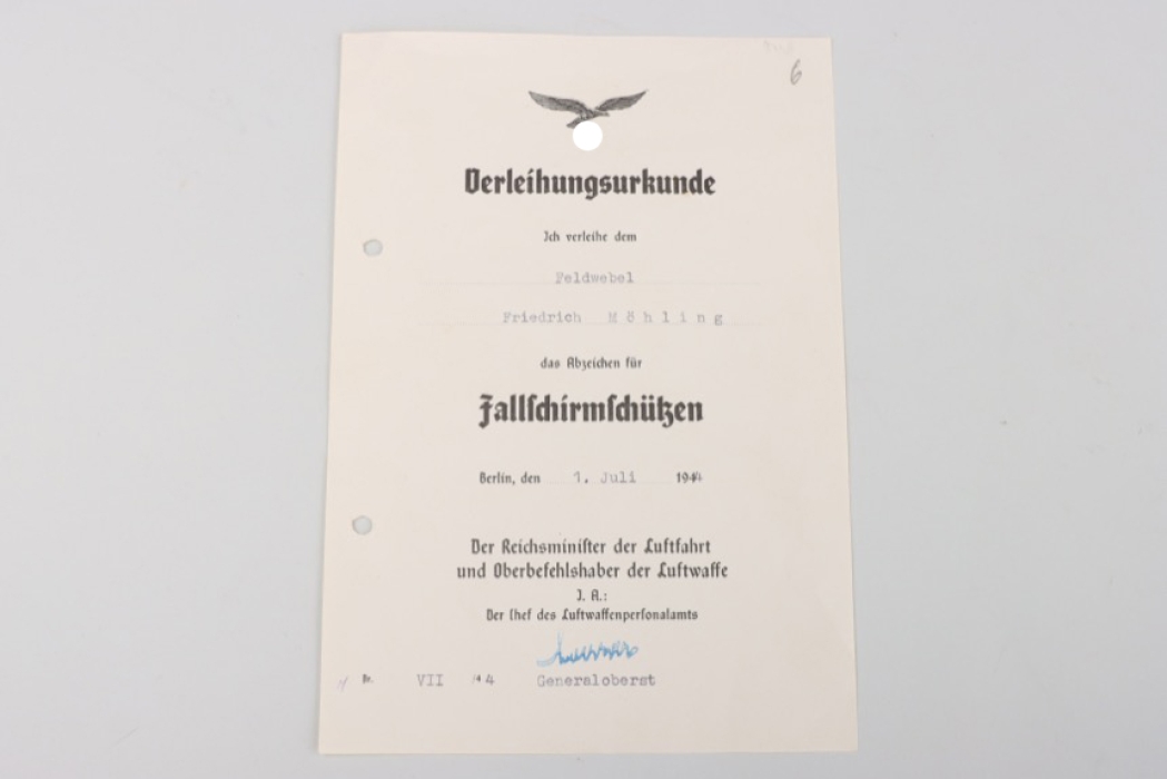 Certificate to Luftwaffe Paratrooper Badge