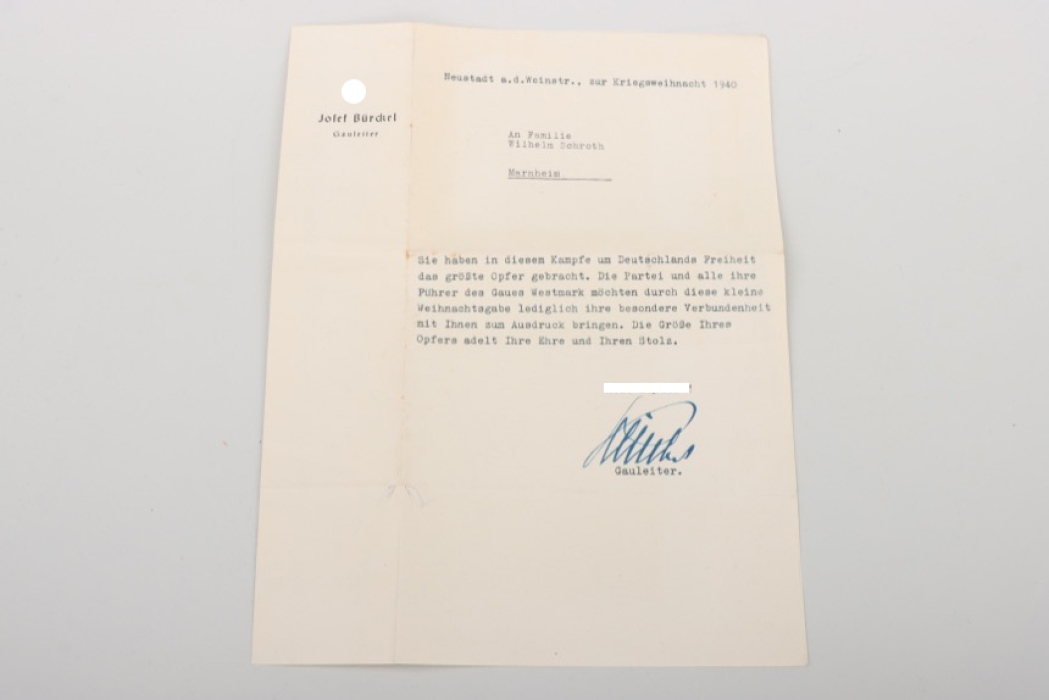 Bürckel, Josef (Gauleiter) - letter with facsimile signature