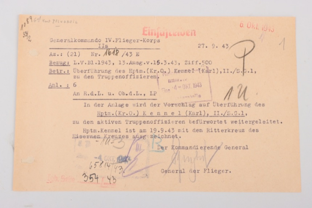 Kennel, Karl - document signed by General Pflugbeil