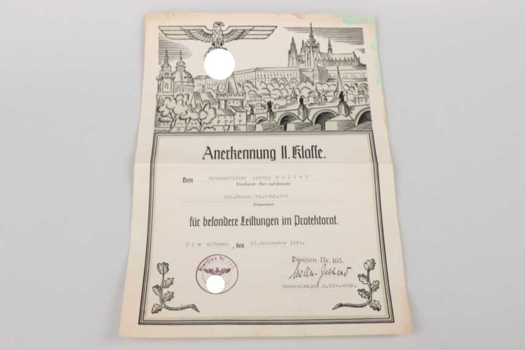 Heer certificate of recognition 2nd Class - Müller-Gebhard signed (165. Division)
