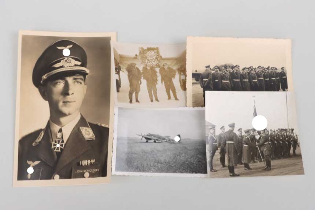 Luftwaffe four photos and a portrait postcard of Oberst Mölders