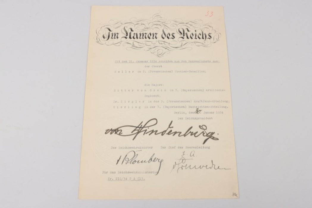 von Hindenburg, Paul & von Blomberg, Werner - signed Reichswehr document