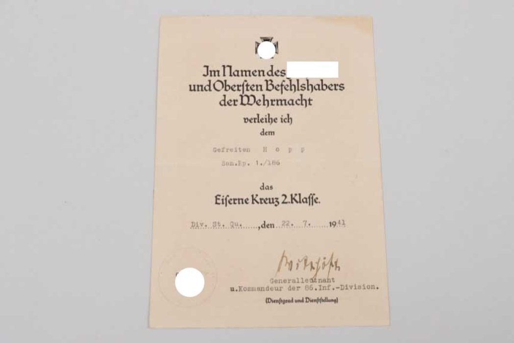 Certificate to 1939 Iron Cross 2nd Class