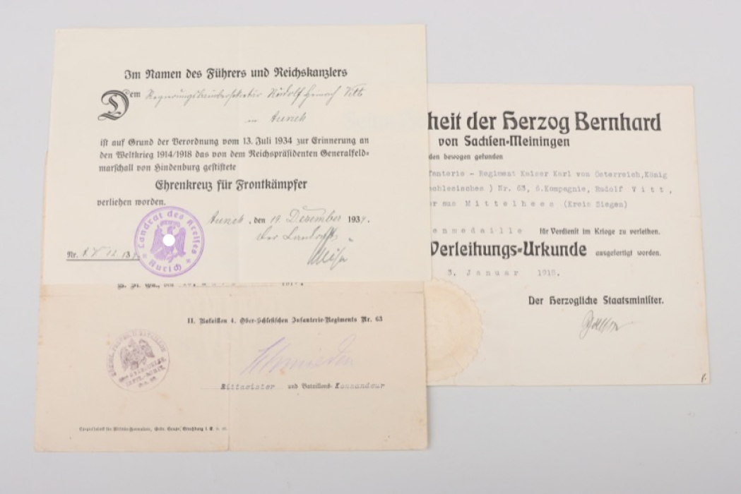 Sachsen-Meiningen - (4.Oberschl.) Inf.Rgt.Nr.63 - WWI certificate grouping