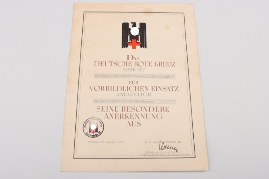 "Operation Chastise" - DRK certificate of appreciation
