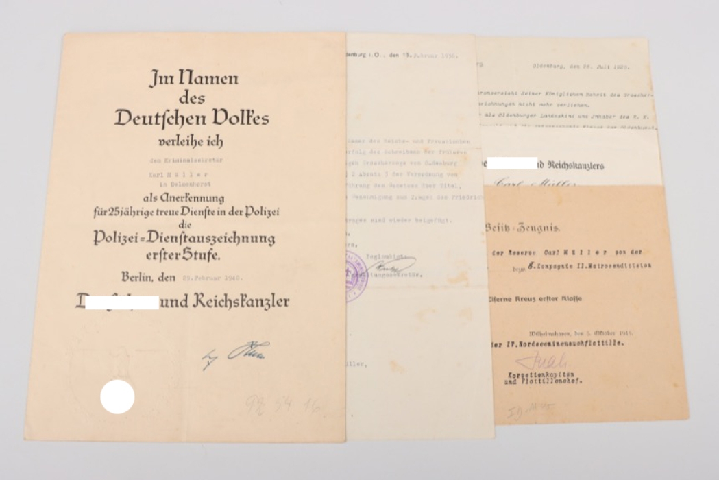 Oldenburg - Kriminalsekretär WWI & Police Certificate grouping