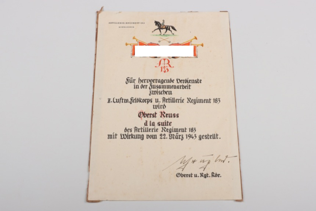 Reuss, Franz (General) - certificate of a Knight's Cross winner