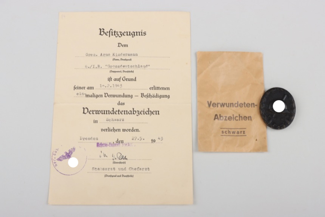 Wound Badge in Black with bag of issue and certificate "Großdeutschland"