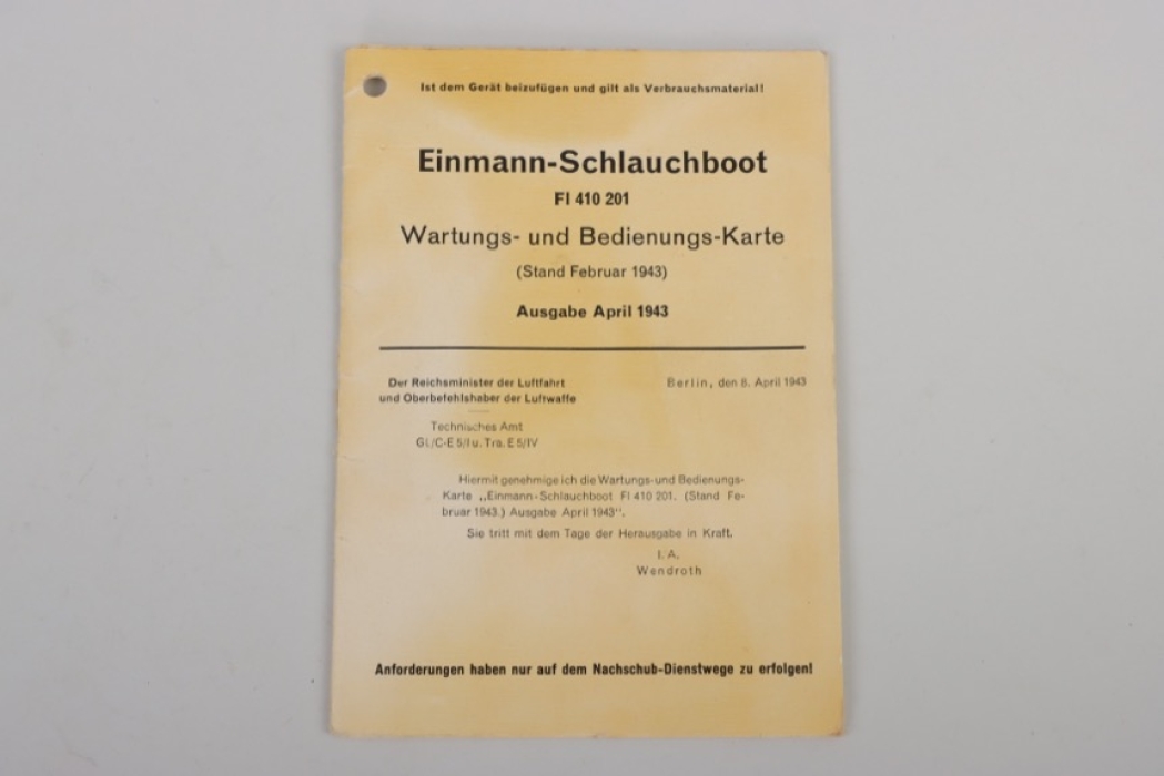 Instruction manual for the Luftwaffe one-man rubber boat "Einmannschlauchboot"
