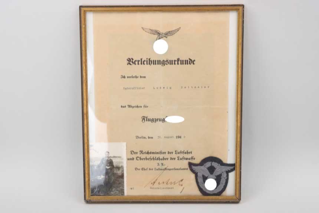 Luftwaffe Pilot's Badge (cloth type) with certificate