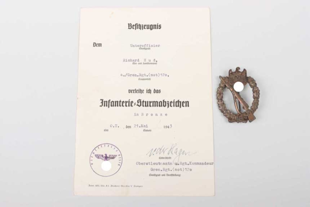 Infantry Assault Badge in Bronze with certificate