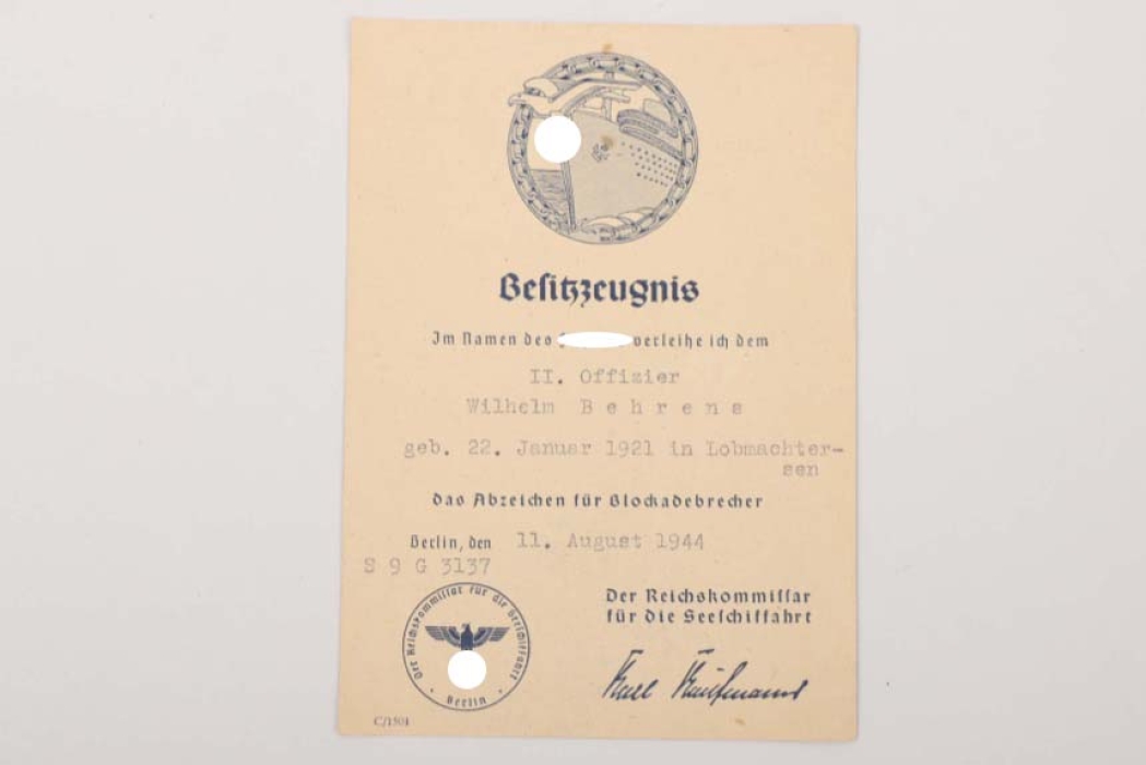 Certificate to Blockade Runner's Badge - small size