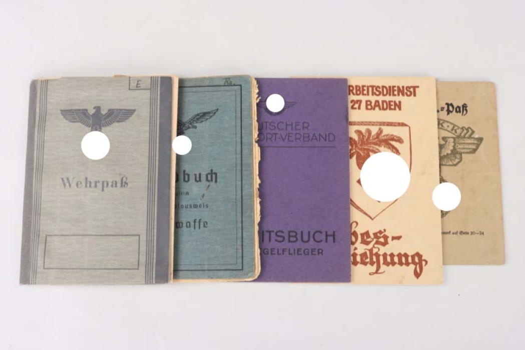 Lot of five ID cards - Wehrmacht, DLV, RAD and NSKK