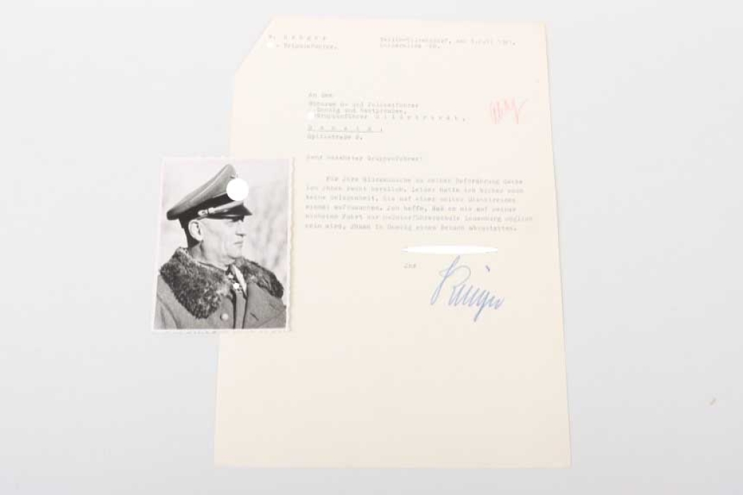Krüger, Walter - photo and letter with autograph to Gruppenführer Hildebrandt
