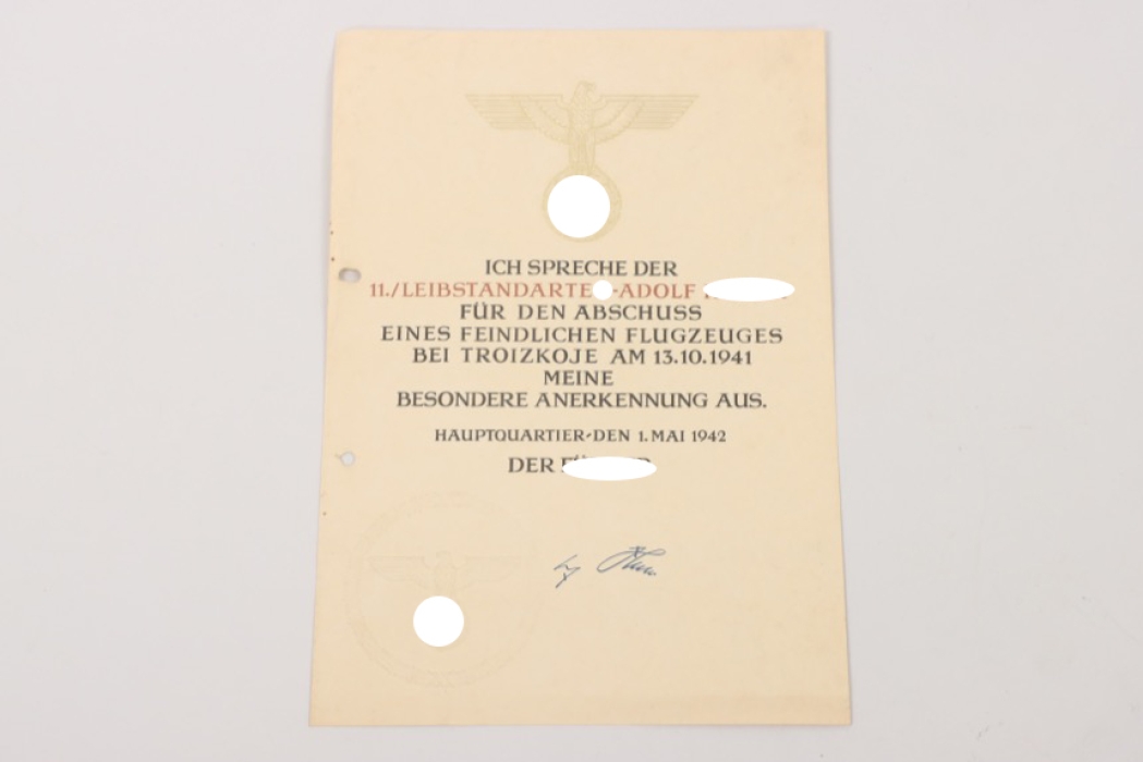 "Anerkennungsurkunde" for shooting down an enemy aircraft - issued to the LAH