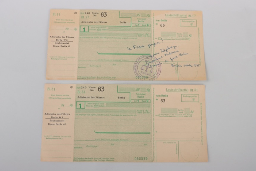 Two cheques of the Reich Chancellery "Adjutantur des Führers"